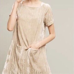 Floreat Anthropologie Velvet Velour Tan Mini Shift Dress Sz Small Pockets